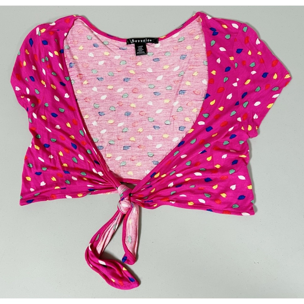 Hot Pink Polka Dot Tie-Front Short Sleeve Cardigan Top Shirt Blouse Size L 💖